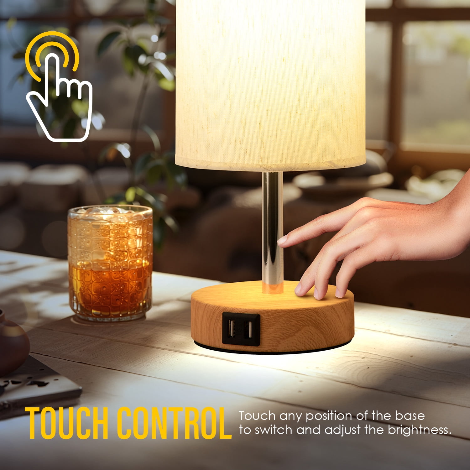 Bedside Lamps Set of 2 with USB Charging Ports - Touch Control Table Lamp for Bedroom Wood 3 Way Dimmable Nightstand Lamp with Round Flaxen Fabric Shade for Living Room,Dorm,Office