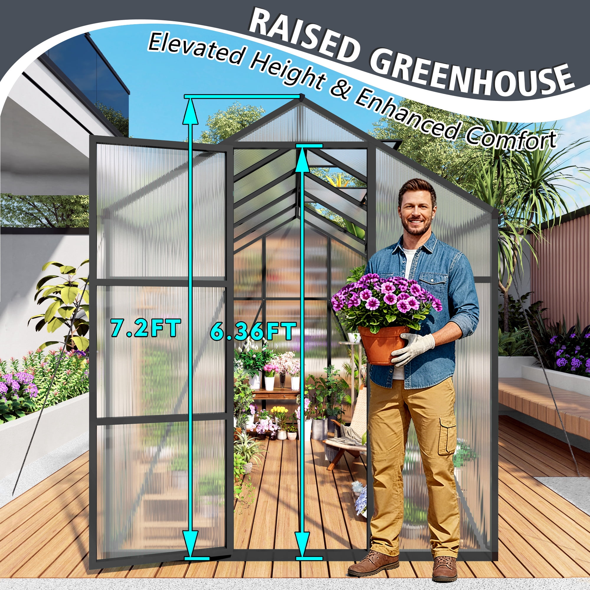 Vigo huseeo 6x10FT Extra-Height Version Polycarbonate Greenhouse, Walk-in Outdoor Greenhouse with Aluminum Frame for Backyard, Black