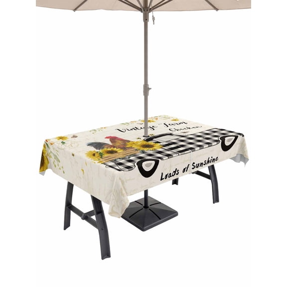 Outdoor Tablecloth with Umbrella Hole and Zipper, Country Kitchen Sunflowers Rectangle Table Cloth 60x84 Inch Waterproof Tablecloth, Rustic Truck Vintage Farmhouse Picnic Table Cover for Patio