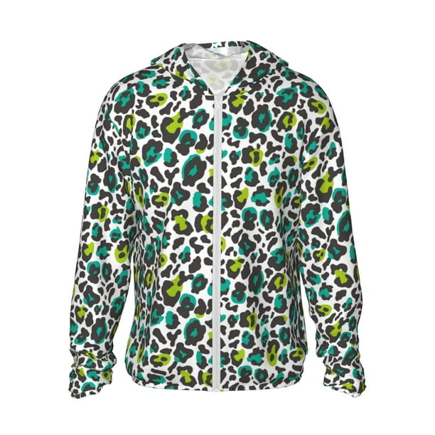 Fotbe Green Leopard Chaqueta con Protección Solar UPF 50+ para Hombre y Mujer, Camisa con Capucha y Bolsillos-Large