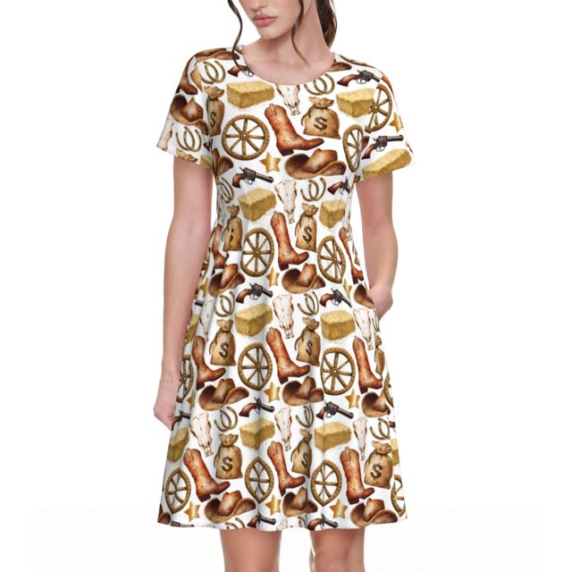 Balery Western Cowboy Vestidos sueltos de manga corta para mujer, vestidos de verano 2025, vestidos casuales de corte A con vuelo.