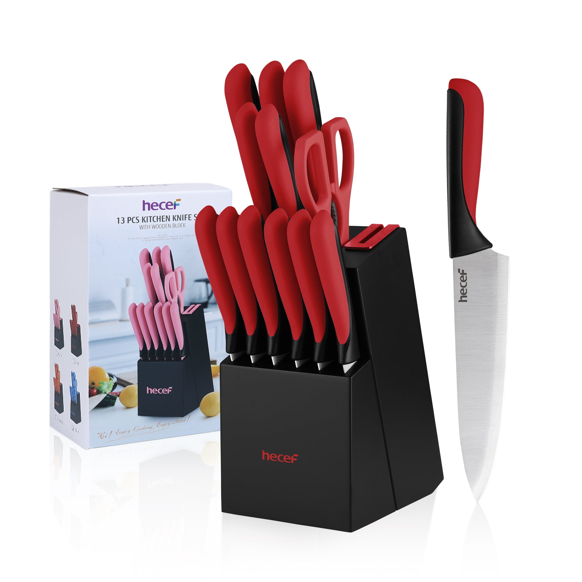 Hecef Knife Set, 13-Piece Satin-finished Sharp and Rust-proof Kitchen Knife set with Sharpener
