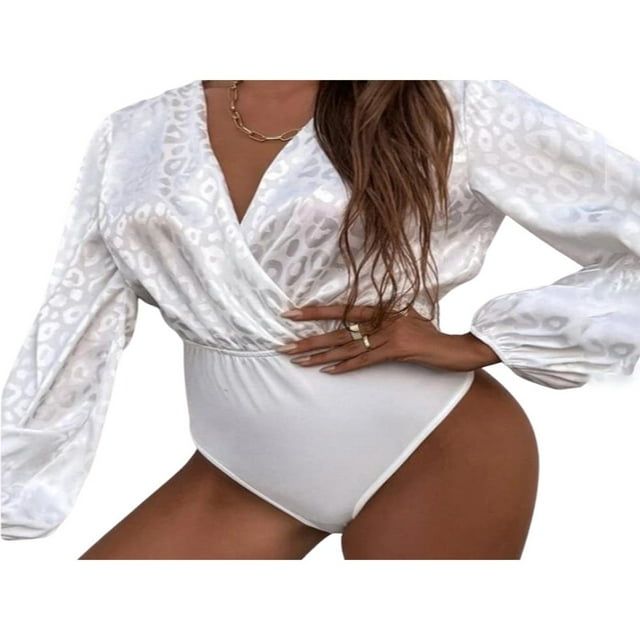 PENGXIANG Justaucorps à Manches Longues pour Femmes Élégant Col en V Profond Justaucorps Printemps Automne Blouses en Satin Jacquard Décontractées Rouge m