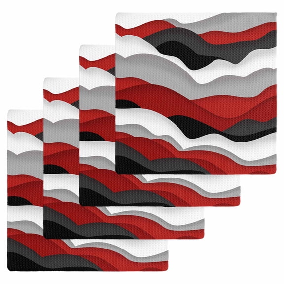 Red Black Ombre Kitchen Dish Towels for Drying Dishes Set of 4, Modern Geometric Moire Abstract Art Waffle Weave Microfiber Hand Tea Bathroom Towels Quick Dry & Absorbent Towel 12x12