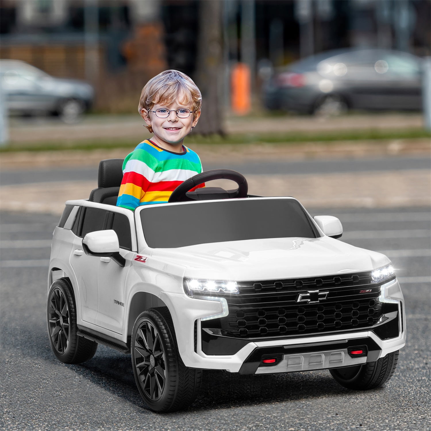 CIPACHO Licensed Chevrolet 12V Ride On, Electric Kids Car Toys with 2.4G Remote Control Dual Drive SUV, White