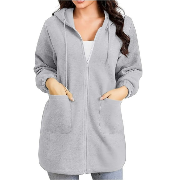 Fmbrln Womens Casual Solid Hoodies Full Zip Up Long Sleeve Hooded Sweatshirts Fall Winter Fashion Sweatshirts Coat with Pockets Gray M