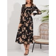 thumbnail image 2 of Liacowi Women Vintage Long Dress Elegant Flower Print U Neck Long Sleeve Dress Boho Flowy Tie Up Loose Fit Beach Dress, 2 of 8