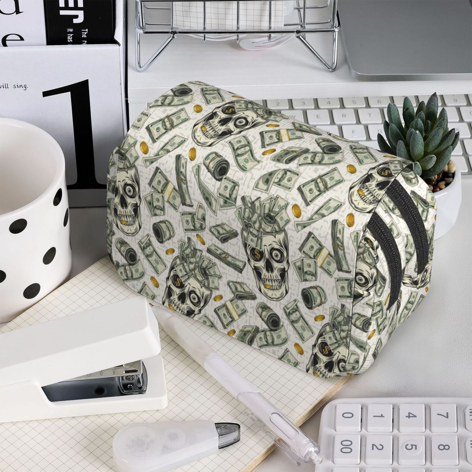 Rateoe Skull with Cash Pattern Double Clamshell Pen Case, Storage Organizer with Two Zipper Compartments– Holds Up to 50 Pencils & Pens