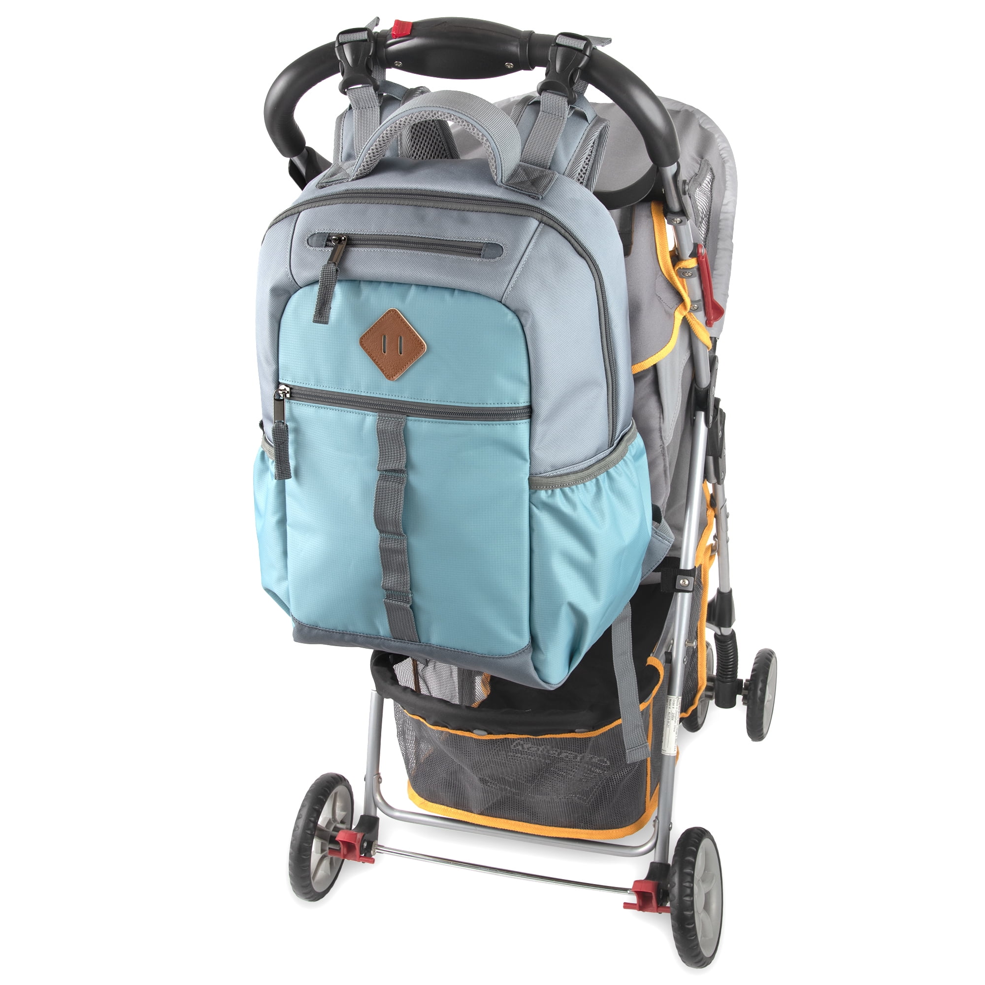 Baby Essentials Multi-Pocket Dual Zipper Closure Diaper Bag Backpack with Matching Changing Pad, Insulated Bottle Pockets and Stroller Straps in Ice Blue and Gray