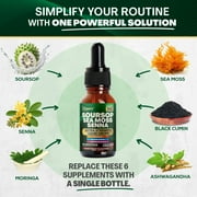 Soursop Leaves Extract Liquid Drops Supplement 1200 MG, Graviola, Sea Moss, Ashwagandha, Moringa, Black Cumin Seed, 6-in-1, Extra Strength for Daily Wellness, 60 Servings Mixed Berry Flavor