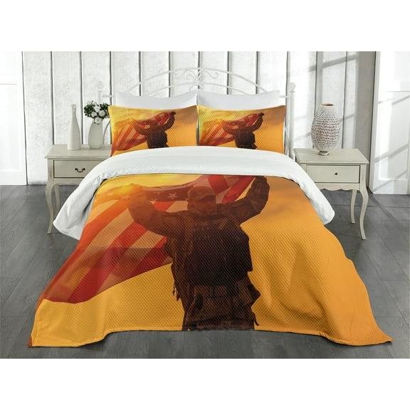 Ambesonne United States Quilted Bedspread Set 3 Pcs, Victory Flag, King Size, Multicolor