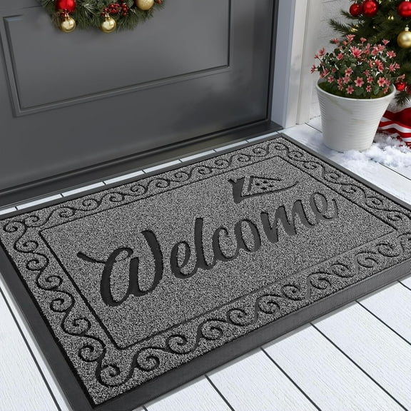 Welcome Mat, Heavy Duty Sturdy Door Mats for Home Entrance Outdoor Indoor, Front Doormat for Outside Patio Floor Entry Porch Garage Office, Waterproof, Low Profile, 29.5x17, Black Grey