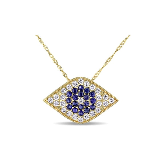 3/5 Carat (Ctw) Blue Sapphire Evil Eye Drop Pendant Necklace in 14K Yellow Gold with Diamonds for Women