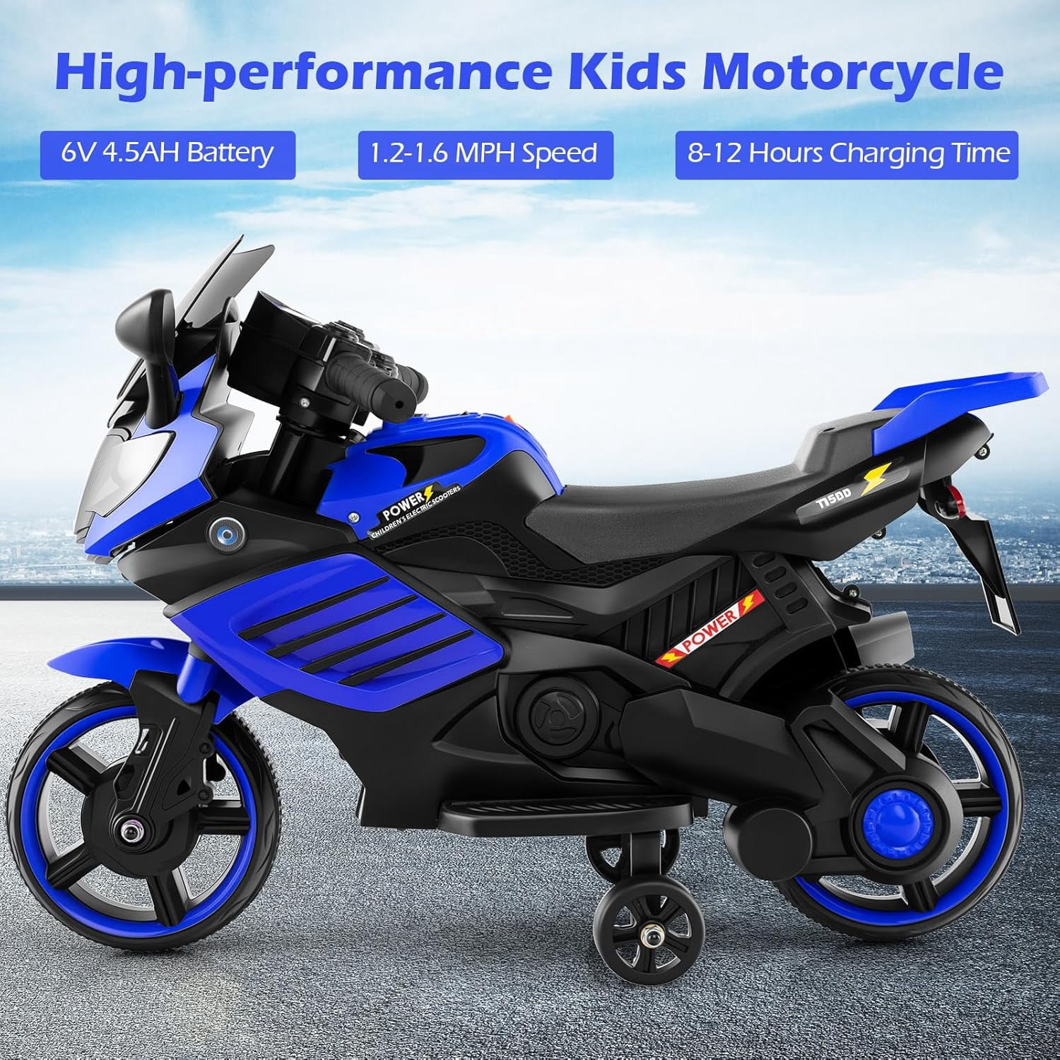 OLAKIDS 6V Kids Motorcycle with Training Wheels, Horn, Music, Headlight for Boys Girls Aged 3+ Years