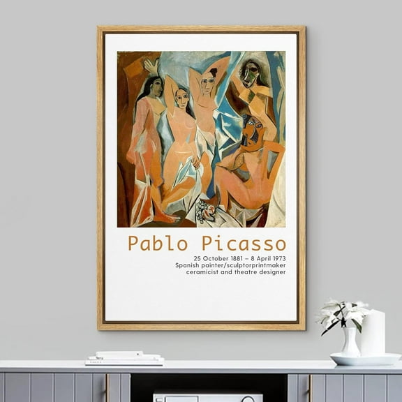 IDEA4WALL Framed Canvas Art Wall Decor The Young Ladies of Avignon by Pablo Picasso Historic Cultural Oil Painting Fine Art Abstract Contemporary Colorful for Dorm Home Office - 16"x24" Natural