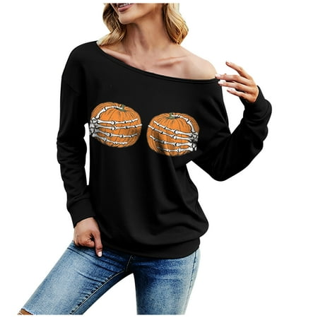 

Moxiu Women Halloween Pumpkin Print Sweatshirt Off Shoulder Long Sleeve Shirt Casual Loose Tunic Pullover