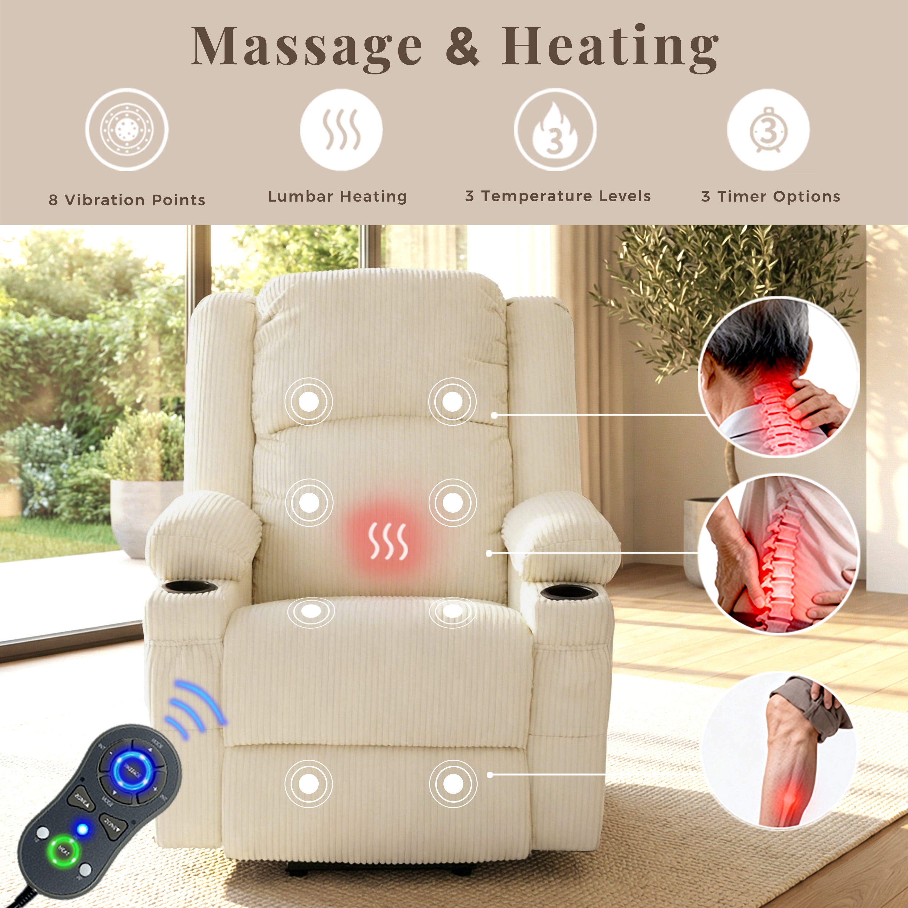 IKAKOS Power Lift Recliner Chair with Massage and Heat, 400 lbs Heavy Duty, Beige