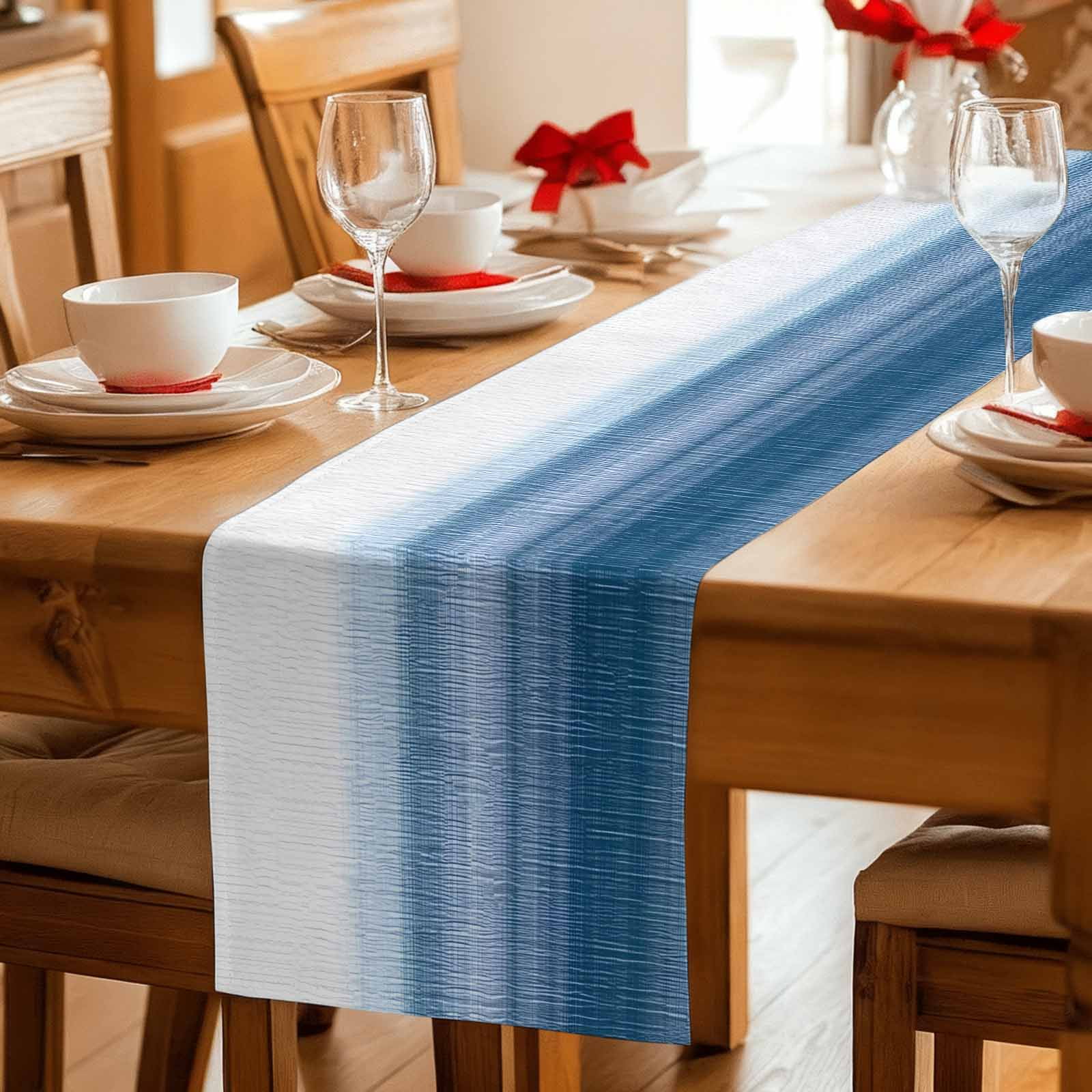 Haze Blue White Ombre Table Runner, Vintage Gradient Striped Aesthetics Washable Cotton Linen Table Runners 60 Inches Long, Dresser Scarf Runner for Coffee/TV Stands/Kitchen/Cabinets 13''x60''