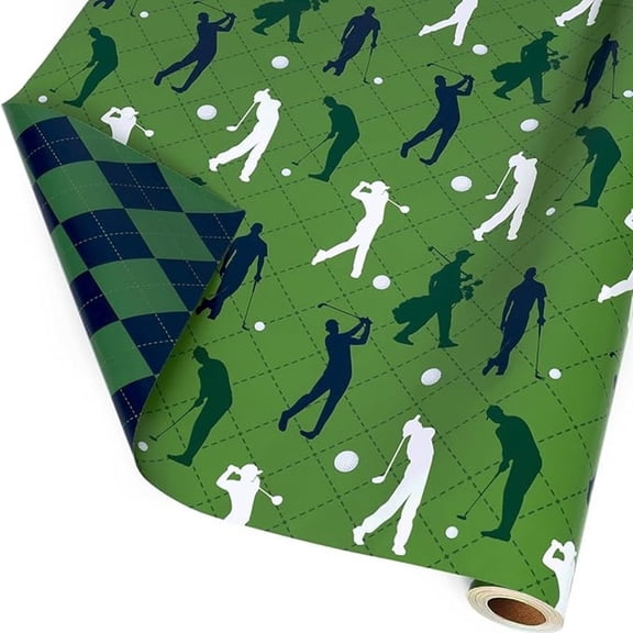 LaRibbons 17" X 33' Reversible Wrapping Paper | Golfers w/ Green/Black Plaid