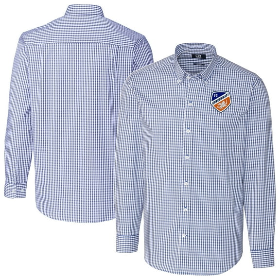 Men's-Cutter & Buck Blue FC Cincinnati Easy Care Stretch Gingham Long Sleeve Button-Down Shirt