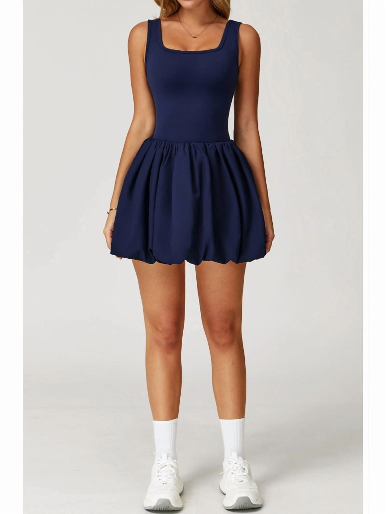 Womens Bubble Tennis Dress Squre Neck Sleeveless Workout Golf Athletic Dresses Build in Shorts with Pockets