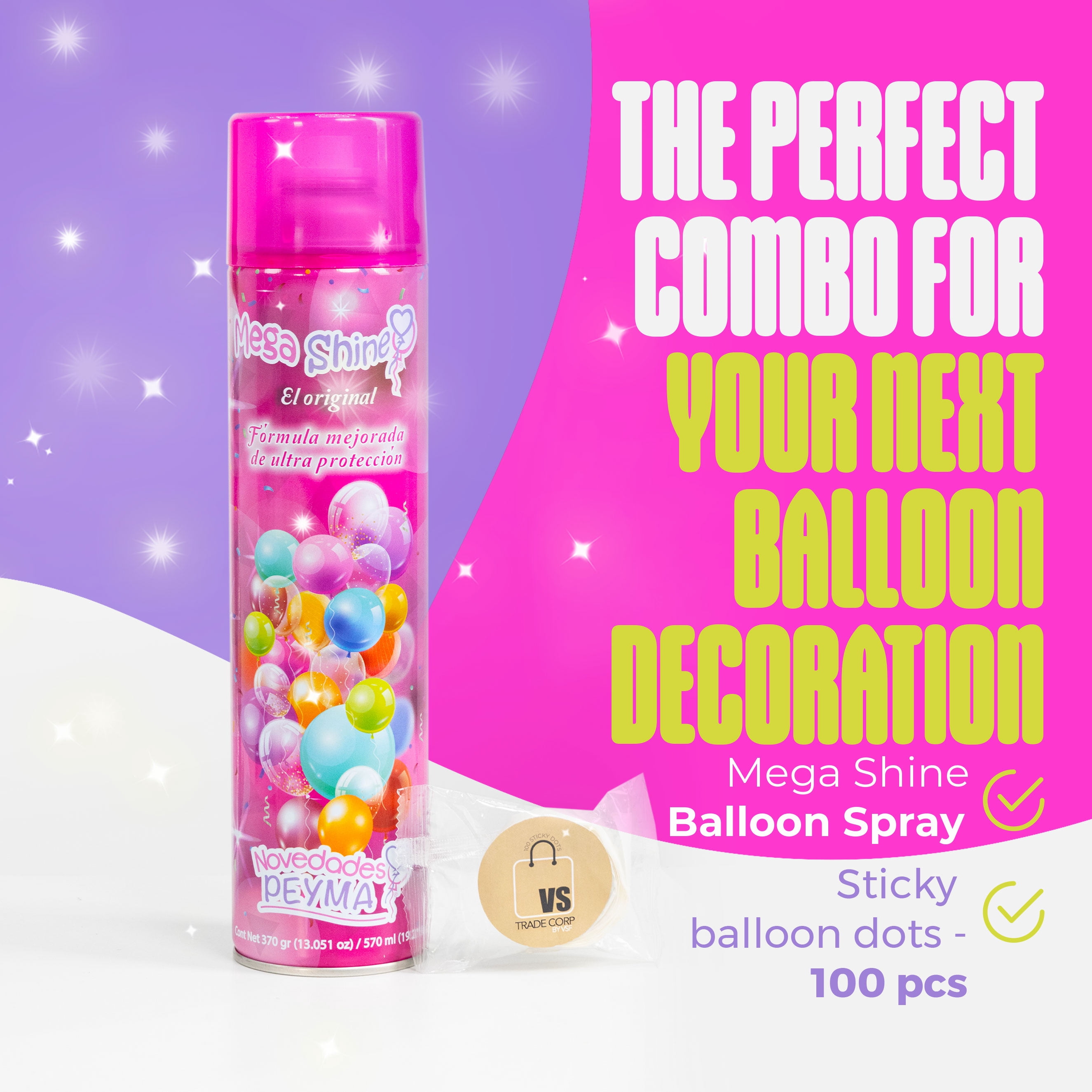 100 ⁠Sticky Dots Bundle with Mega Shine, Balloon Shine Spray, Silicone Spray, Waterproof Balloon Spray Shine, Cherry Scent, 570ml