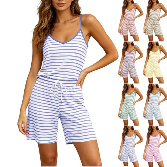 Pajamas Dqueduo Women's Striped Camisole & Drawstring Shorts Loungewear Set – V-Neck Sleepwear