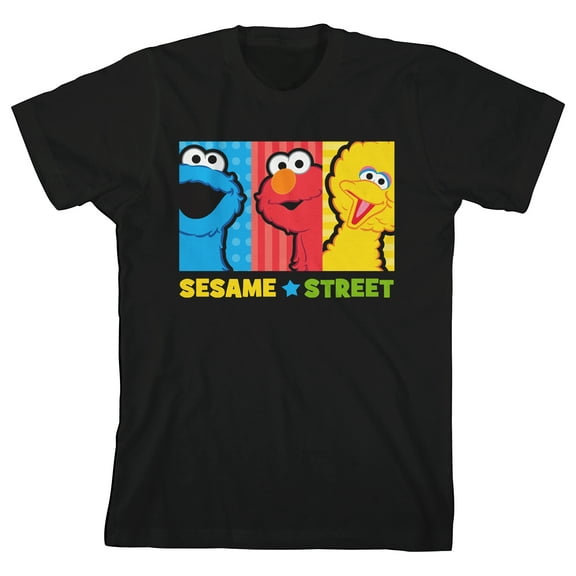 Bioworld Sesame Street Core Character Group Youth Black Tee With Short Sleeves And Crew Neck-Small