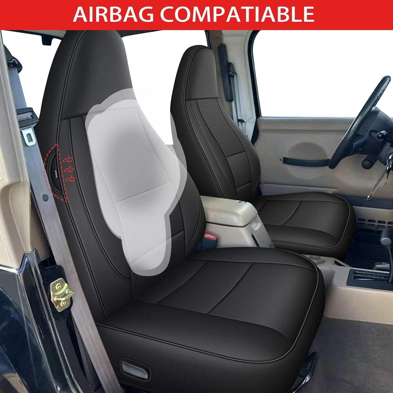 IKABEVEM Custom Fit Seat Covers for Jeep Wrangler YJ 1991-1995 Waterproof Leather Car Seats Cover Full Set（Black）