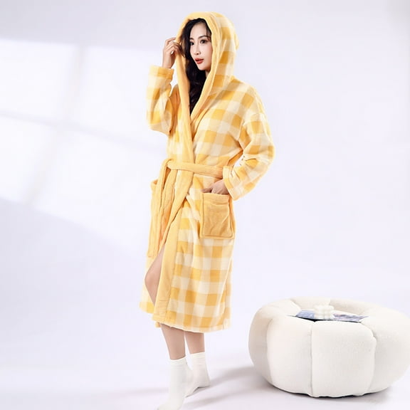 Voncos Women's Plaid Bathrobe -Warm Plush Hooded Long Robes with Pockets, Belted Stretchy Loungewear, Cozy Durable Home & Post-Shower Robe Yellow S-M