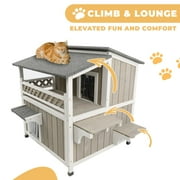 Gowoodhut Cat House Two-Story Wooden Feral Cat Shelter with Balcony for Indoor & Outdoor , Gray