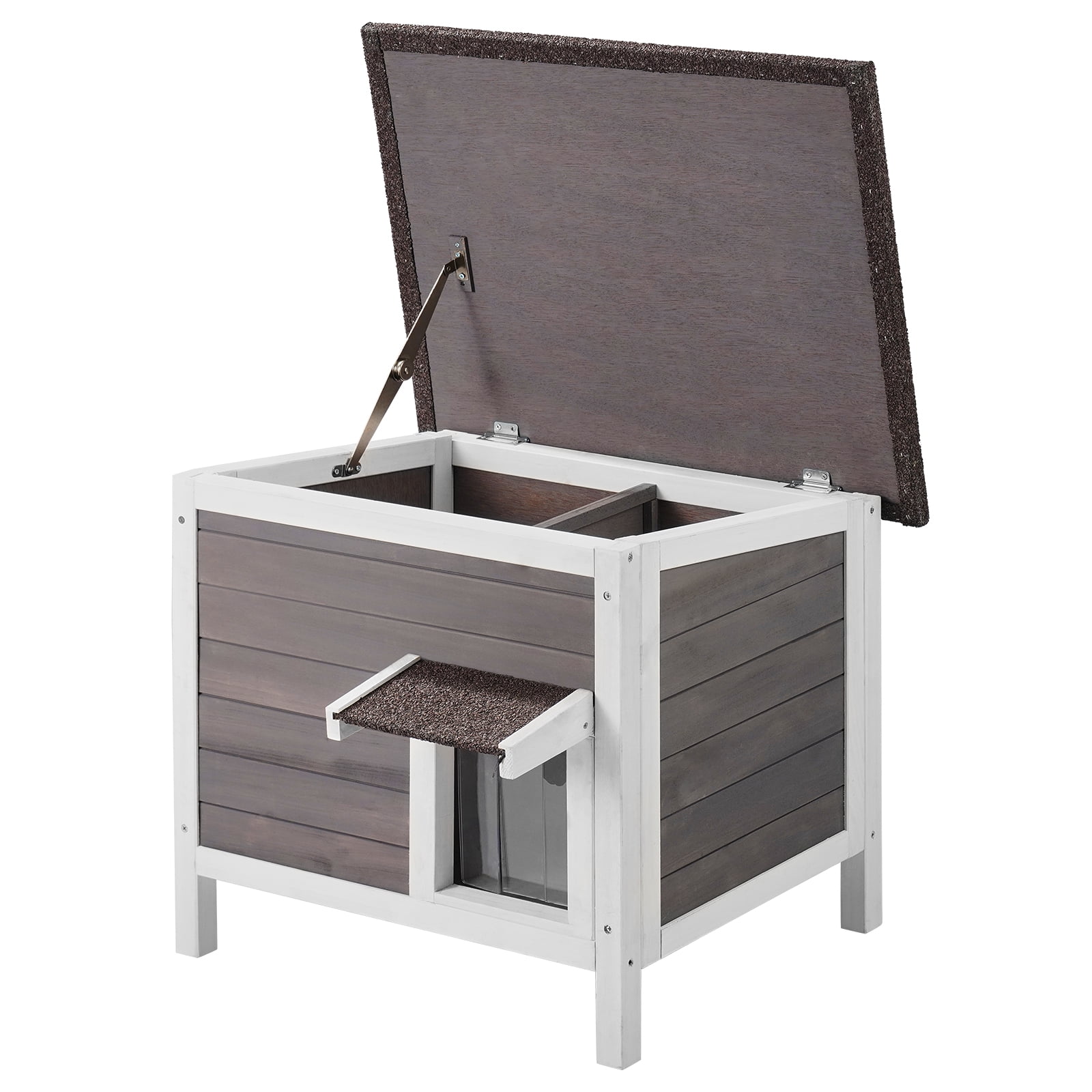 KFFKFF Weather-Resistant Outdoor Cat Home, Multi-Cat Sanctuary, Wooden Construction with Comprehensive Foam Insulation, Hinged Roof, PVC Entryways, Dimensions: 24"L x 20"W x 21"H