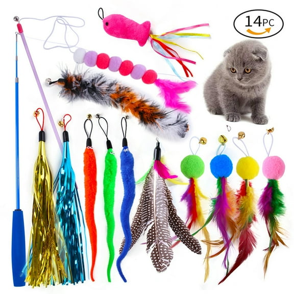 Cat Toy Set Caterpillar Feather Replacement Head Colorful Hair Ball Tassel Retractable Fishing Rod Amusing Cat Stick 14PCS Retractable