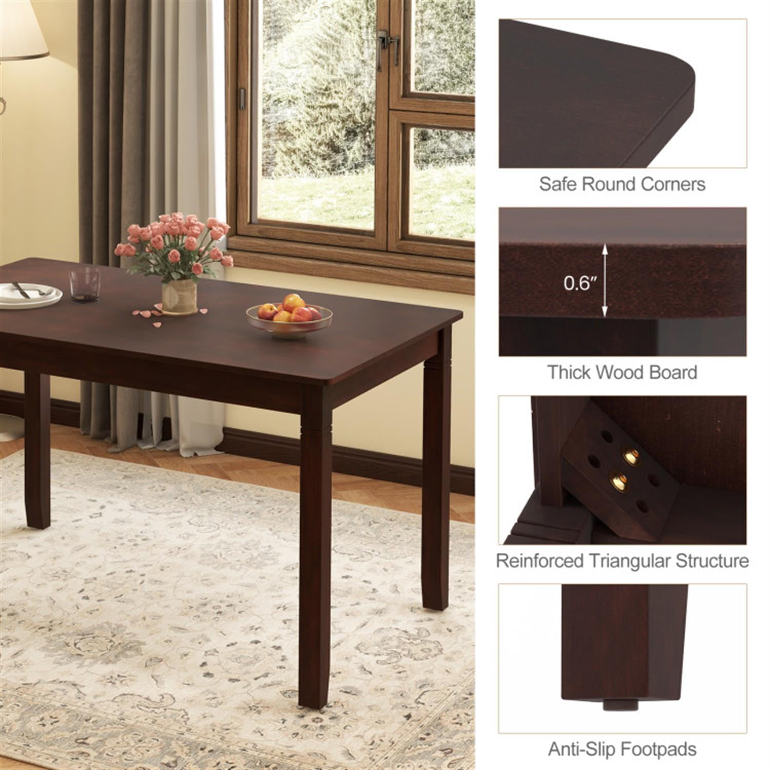 Demi Bonn 48" Wooden Dining Table for 4 People, Rectangular Kitchen Table with Rubber Wood Legs for Dining Room, Dinette, Brown