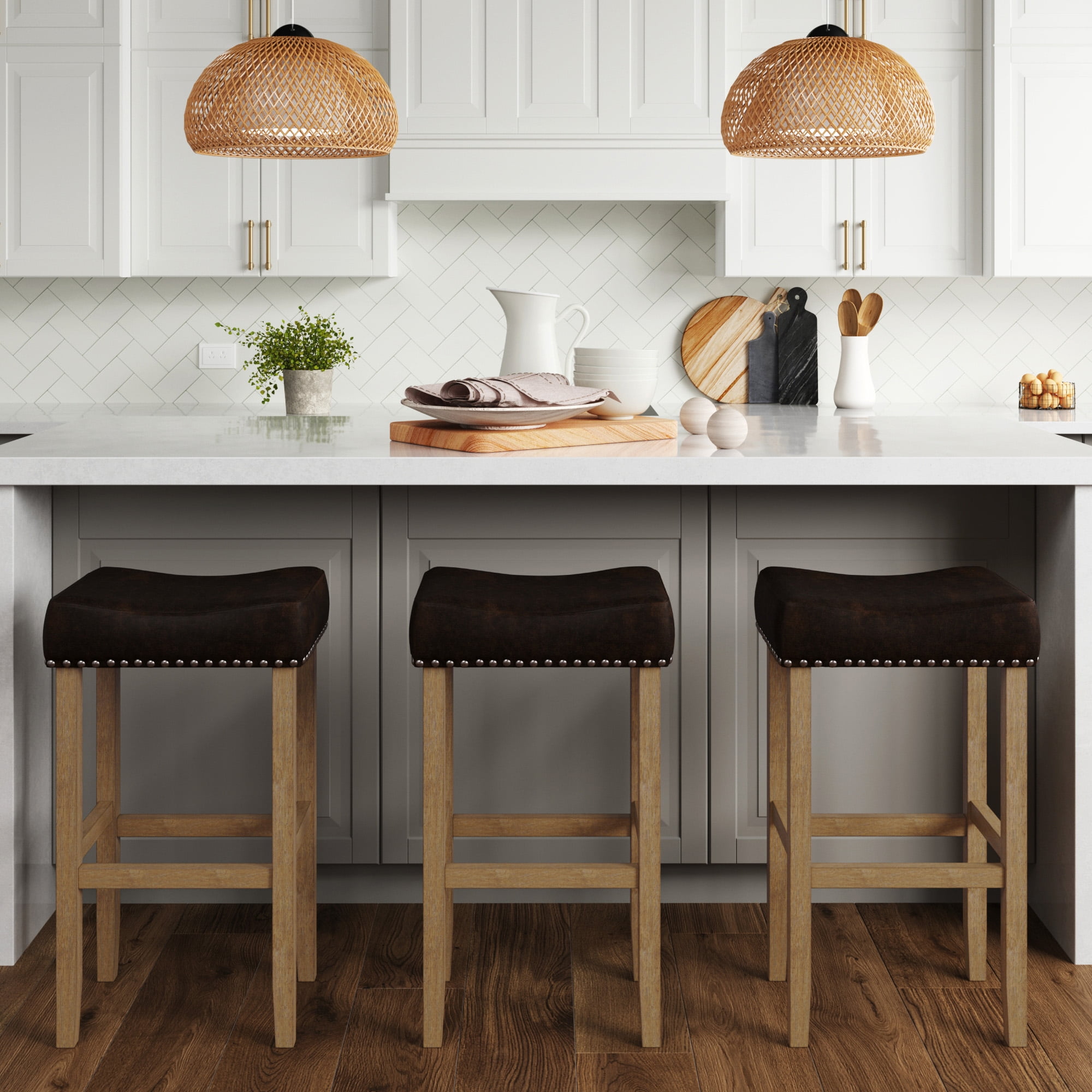 Nathan James Hylie Nailhead Wood Pub-Height Counter Bar Stool 29" Dark Brown Fabric Cushion Light Brown Finish