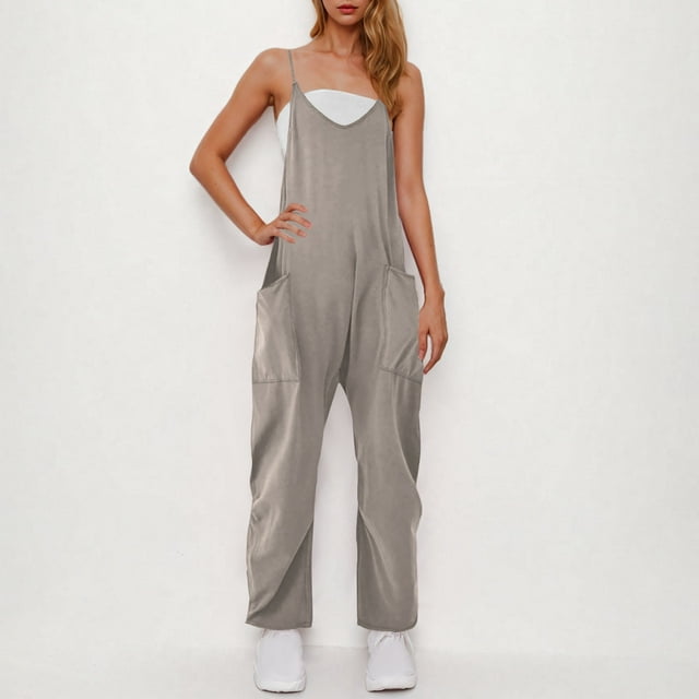 Horkkom Jumpsuits for Women Sleeveless Spaghetti Strap V Neck Solid Color Rompers Summer Casual Loose Jumpsuits with Pockets