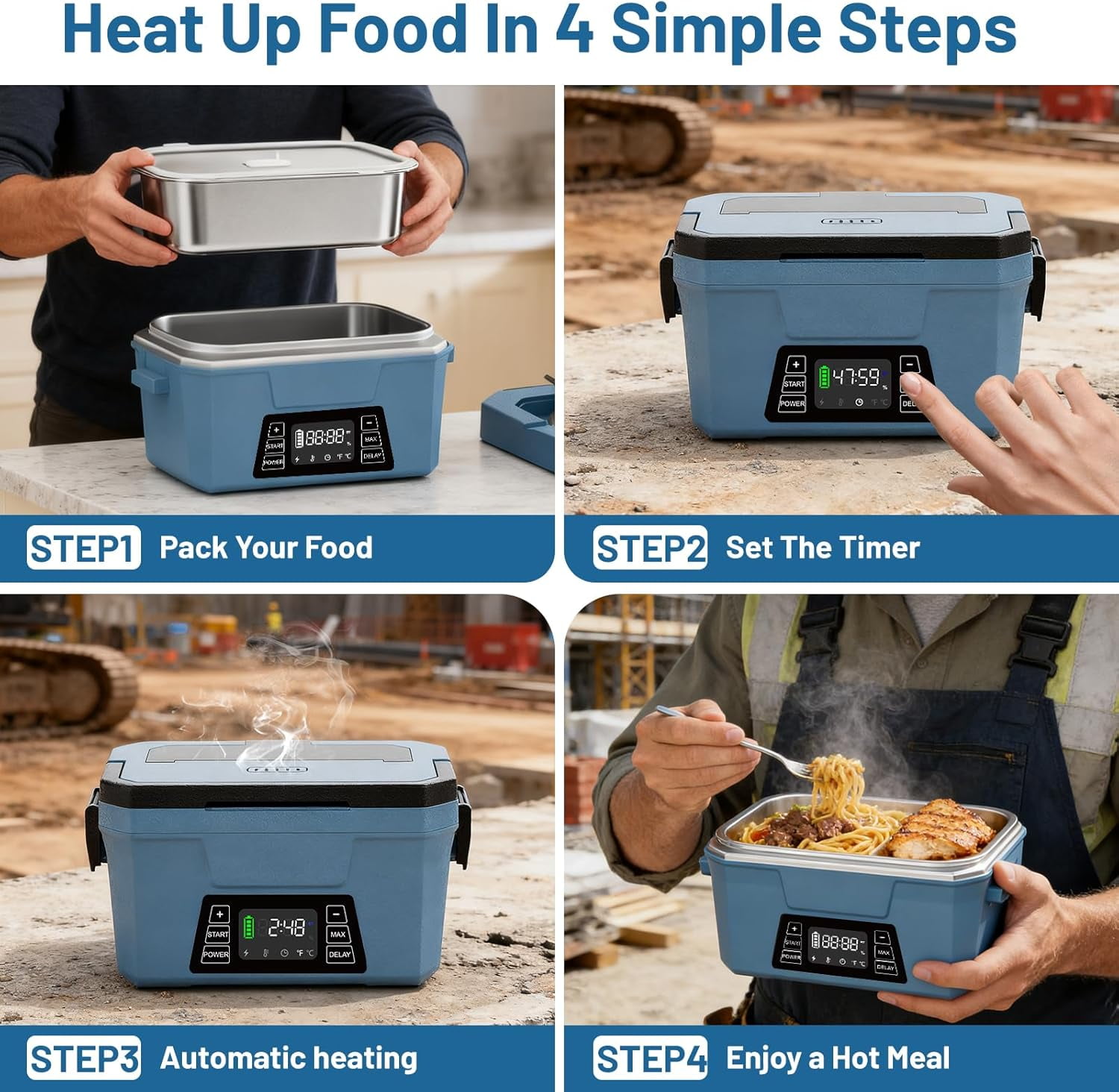 Herrfilk 80W Cordless Electric Lunch Box for Adults, APP Control Heated Lunch Box Food Warmer 9000mAh Rechargeable Self Heating Lunchbox,248℉ 5-sided Fast Heated for Work/Outdoor/Christmas White Elep