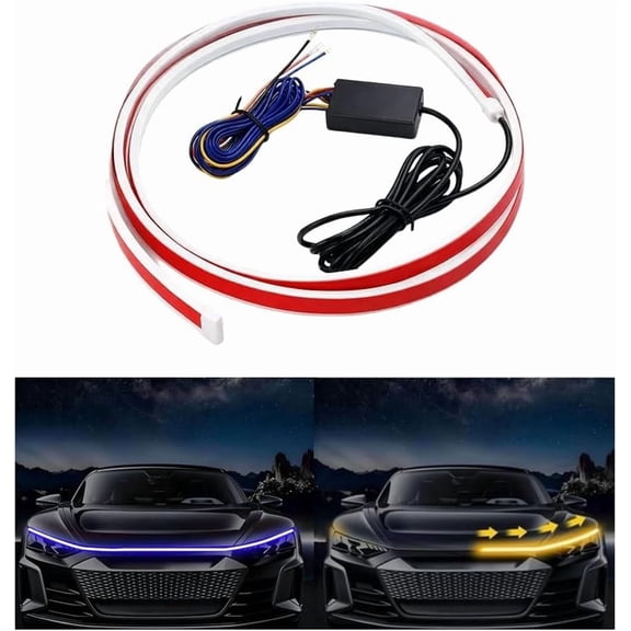Car Hood Led Light Strip, 70" RGB Flexible Dynamic Scan Start up Hoodbeam Lamp with Turn Signal Function, Auto Engine Cover Daytime Running Light, Universal Fit (Blue/Yellow)