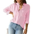 thumbnail image 6 of RYRJJ Womens Button Down Shirts Striped Classic Long Sleeve Collared Office Work Blouses Tops with Pocket(Pink,L), 6 of 8