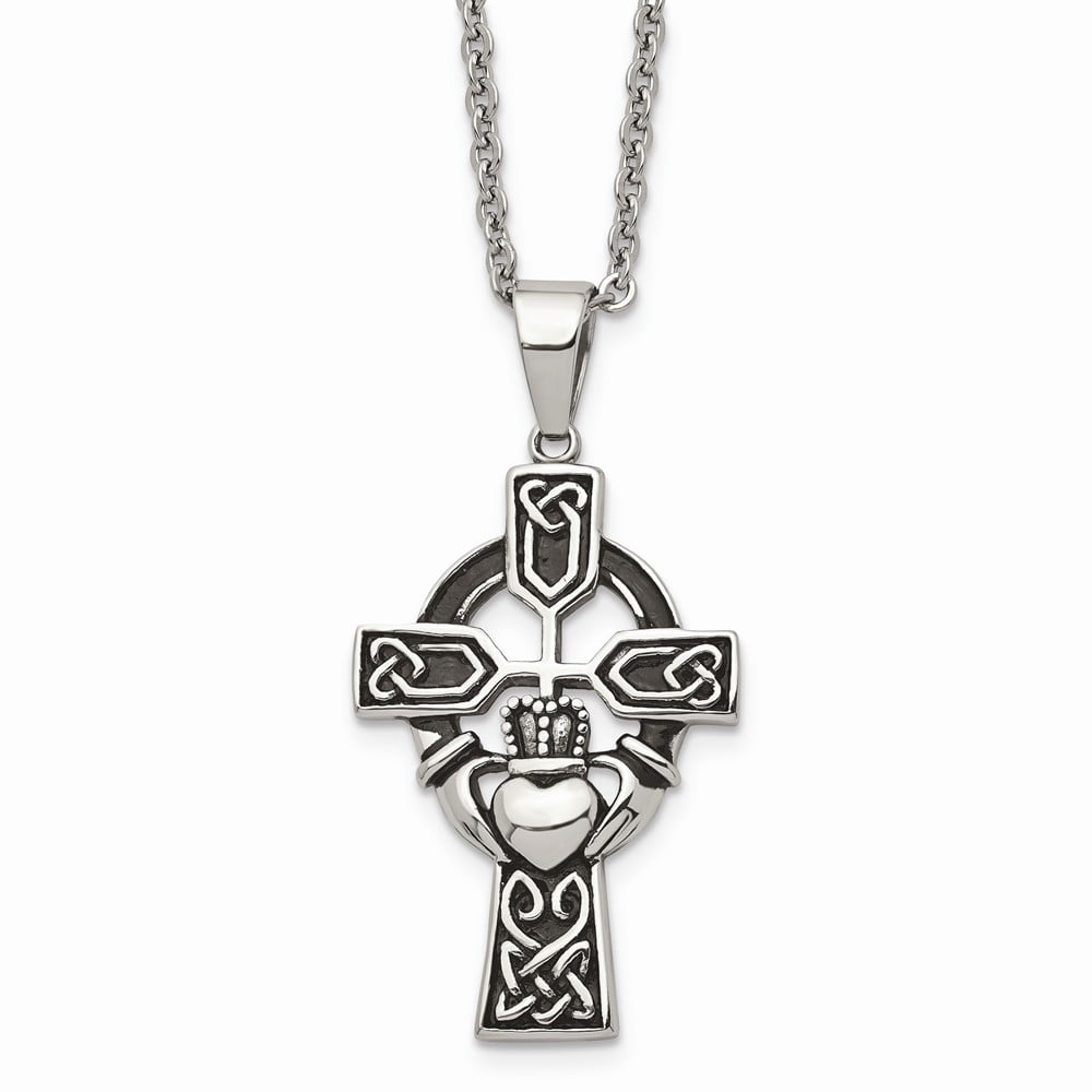 36mm x 19mm Solid 925 Sterling Silver Vintage Antiqued Celtic Knot Irish Claddagh Cross Pendant Charm 