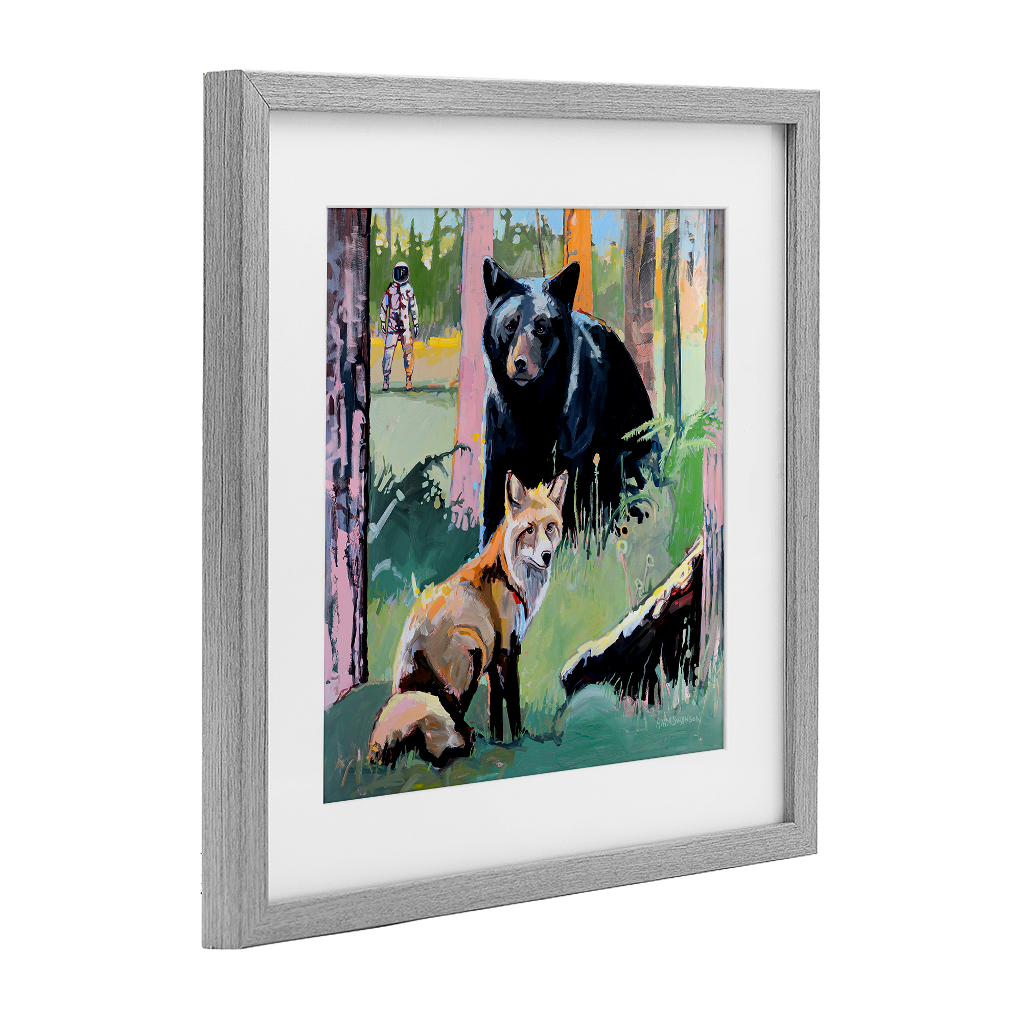 Forest Animals in Deep Space Gray Framed Print Under Glass, design by Adam Swanson