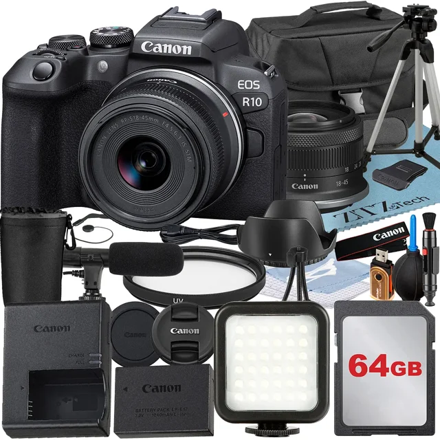 Canon EOS R10 Mirrorless Camera with RF-S 18-45mm Lens + 64GB Memory Card + Case + LED Flash + ZeeTech Accessory Bundle