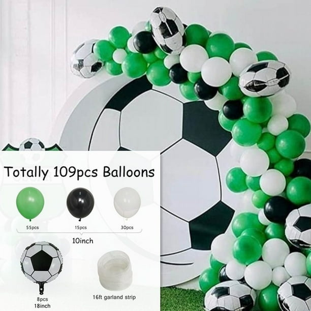 109 unidades, guirnalda de globos para fiesta de fútbol, 10 pulgadas, verde, negro, blanco, globos de aluminio, Mylar, tema deportivo para niños, suministros de decoración de cumpleaños