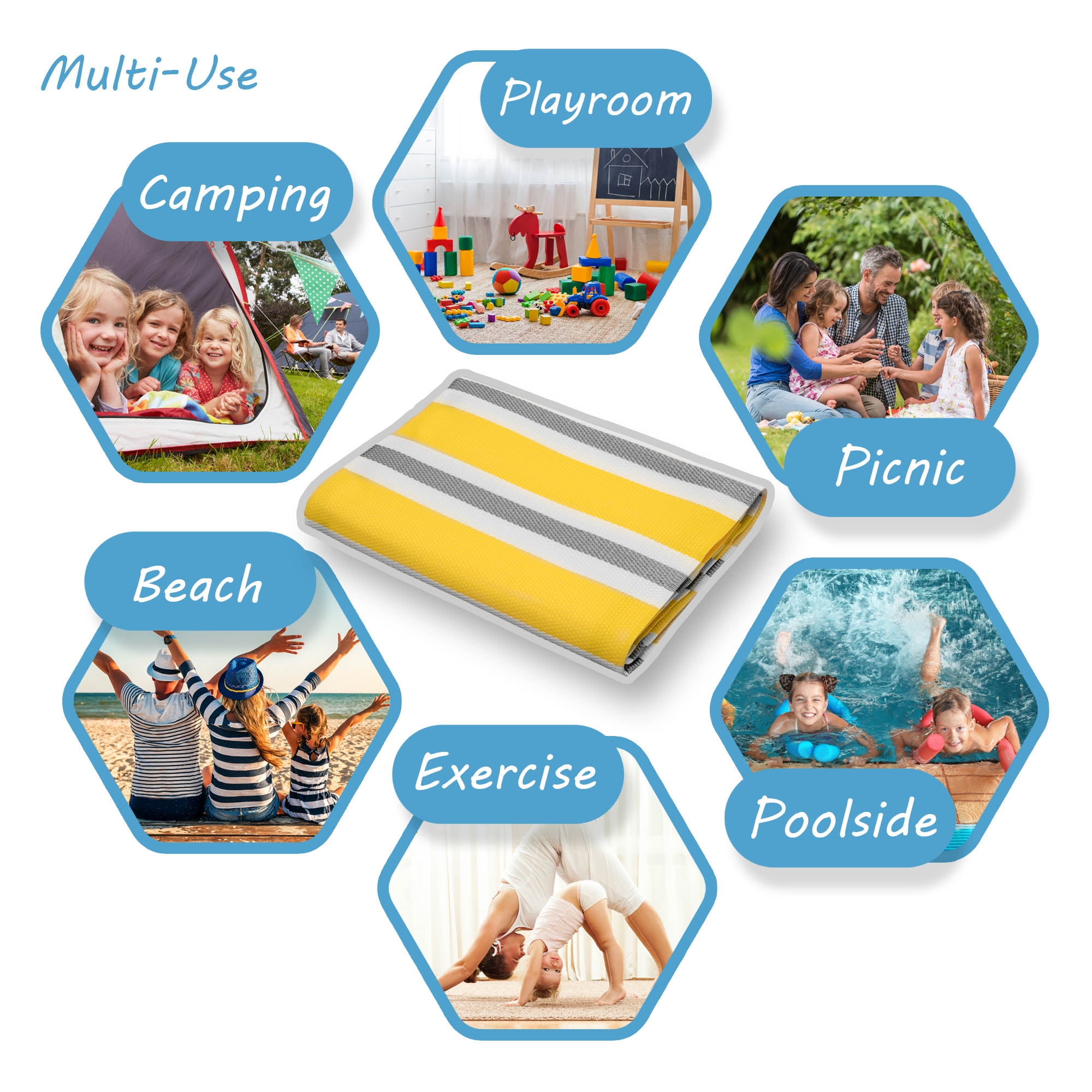 Luna Contemporary Stripe Yellow and Gray Polypropylene Reversible Plastic Straw Outdoor Area Rug, 4' x 5'11'' Rectangle