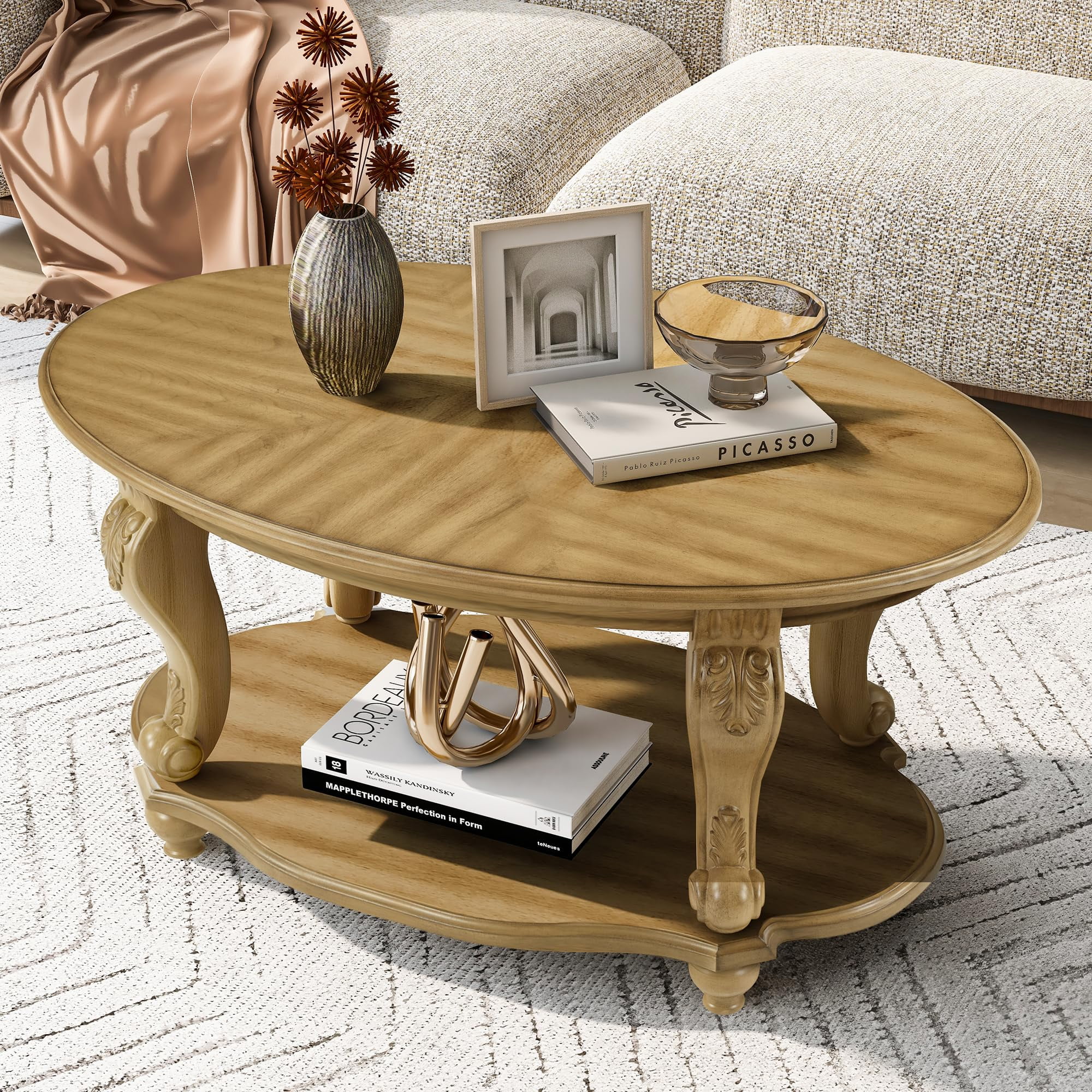 LKTART 3-Piece Coffee Table Set, Coffee Table and Round End Tables Set of 2, Victorian Living Room Coffee Table Sets, Antique