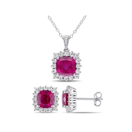 Tangelo 8-1/2 T.G.W. Created Ruby, Created White Sapphire and 1/10 Carat T.W. Diamond Sterling Silver 2-Piece Halo Pendant and Earrings Set