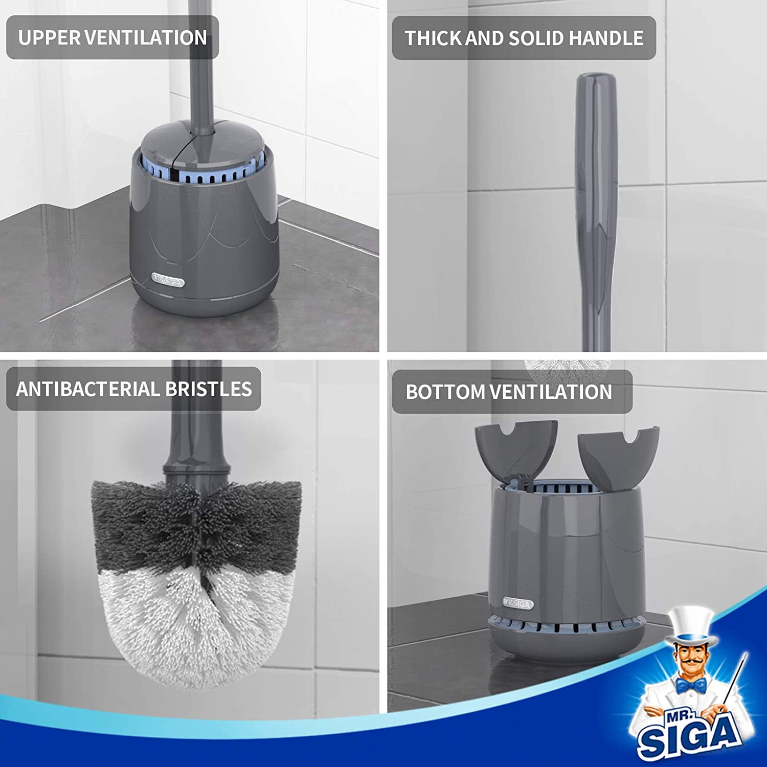 MR.SIGA Toilet Bowl Brush and Holder, Premium Quality, with Solid Handle  and Durable Bristles for Bathroom Cleaning, Gray, 1 Pack