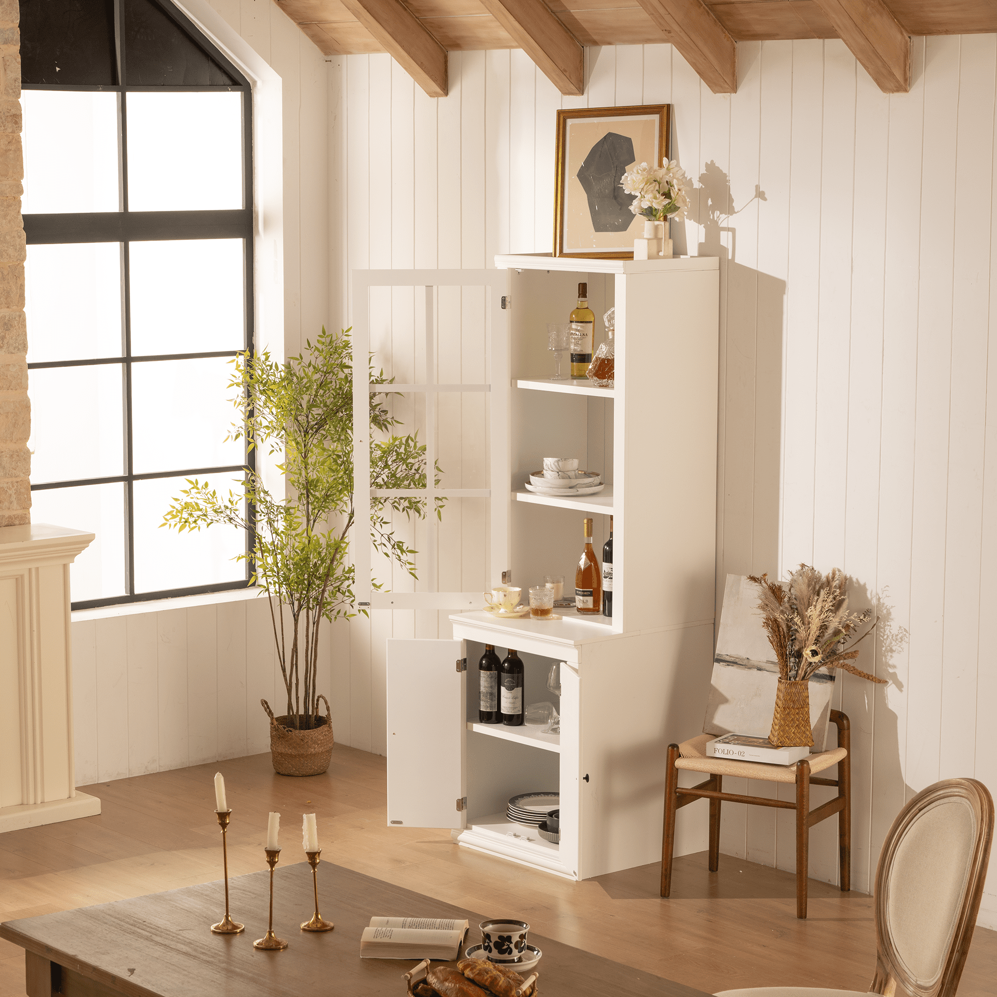 Euroco 75.25'' Tall Freestanding Pantry Cabinet with Glass Door & Lattice Window, Farmhouse Display Cabinets with Storage, Hutch with Double-Action LH&RH Door