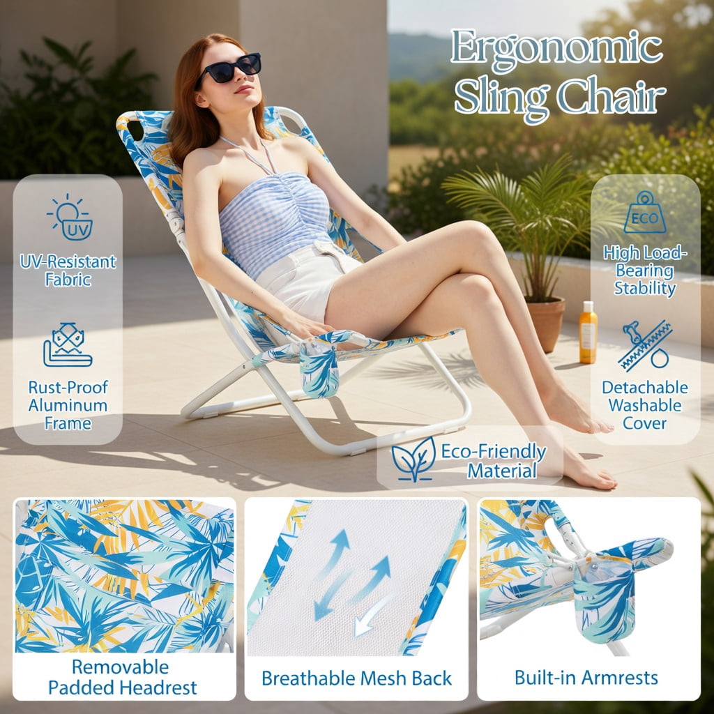 Hommoo 2-Pack Folding Low Beach Chairs with Padded Headrest, Breathable Mesh Back & Cup Holder， Outdoor Patio Sling Chairs for Sand, Lawn, Poolside, Blue