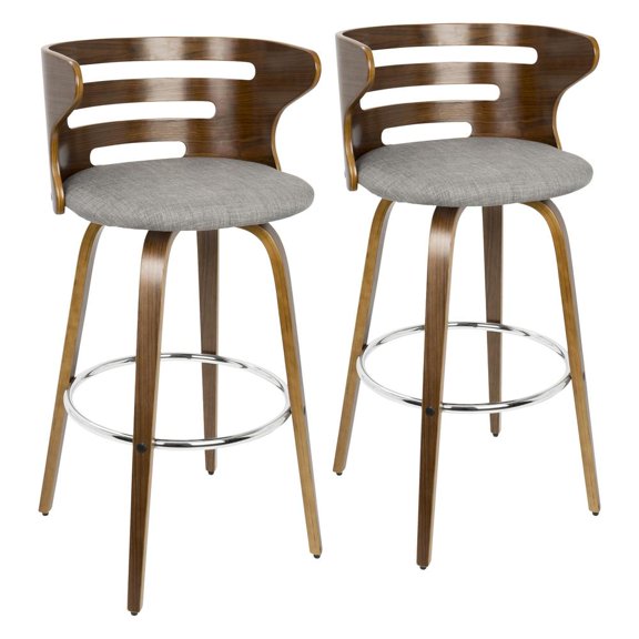 Cosini 30" Mid-Century Modern Fixed Height Barstool With Swivel In Walnut And Grey Fabric - Set Of 2